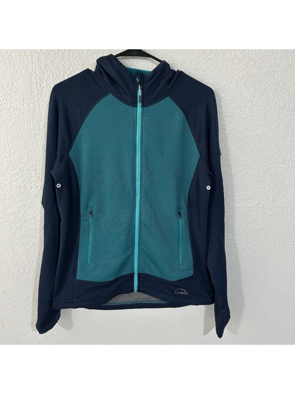 LL Bean Polartec Full Zip Hoodie Womens M Navy Blue Teal Grid Fleece